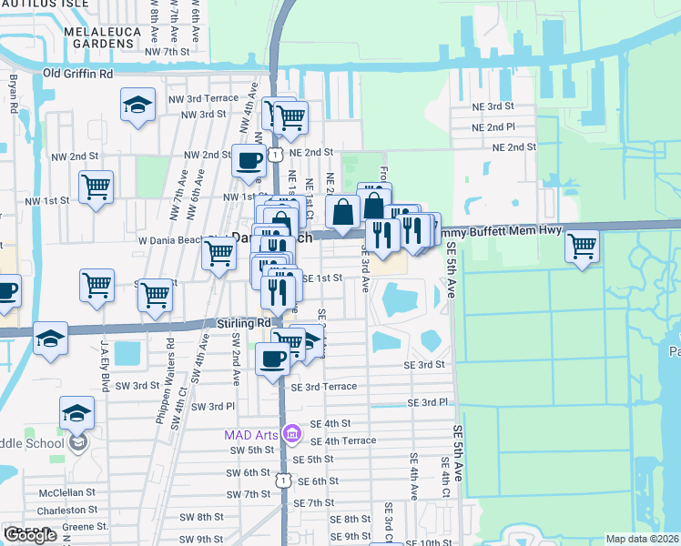 map of restaurants, bars, coffee shops, grocery stores, and more near 101 Southeast 2nd Court in Dania Beach