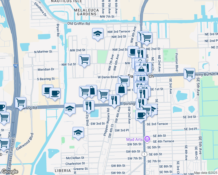 map of restaurants, bars, coffee shops, grocery stores, and more near 98 Southwest 5th Avenue in Dania Beach