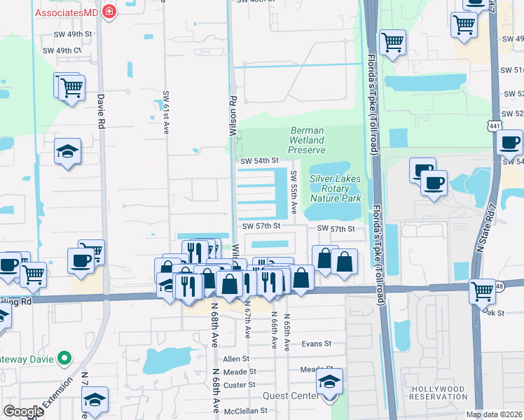 map of restaurants, bars, coffee shops, grocery stores, and more near 5610 Southwest 56th Street in Davie