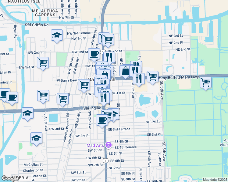 map of restaurants, bars, coffee shops, grocery stores, and more near 111 Southeast 1st Street in Dania Beach