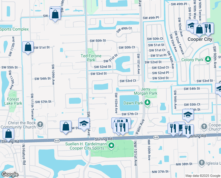 map of restaurants, bars, coffee shops, grocery stores, and more near 10415 Southwest 56th Street in Cooper City
