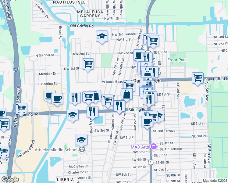 map of restaurants, bars, coffee shops, grocery stores, and more near 98 Southwest 5th Avenue in Dania Beach