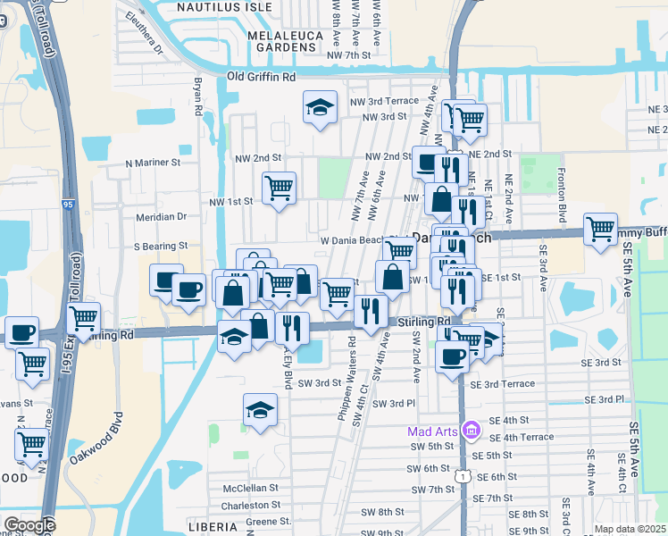 map of restaurants, bars, coffee shops, grocery stores, and more near 46 Southwest 7th Avenue in Dania Beach