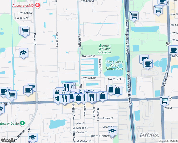 map of restaurants, bars, coffee shops, grocery stores, and more near 5610 Southwest 56th Street in Davie