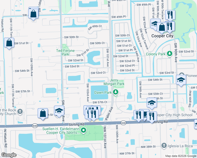 map of restaurants, bars, coffee shops, grocery stores, and more near 10086 Southwest 56th Street in Cooper City