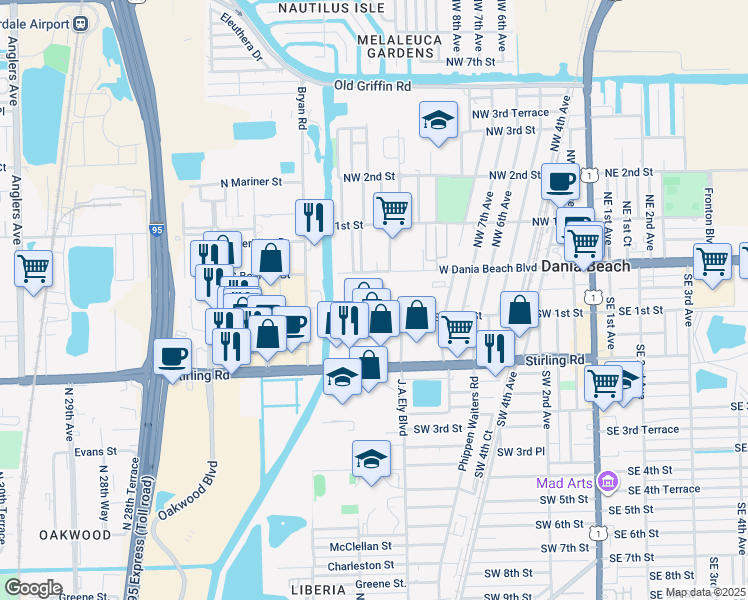 map of restaurants, bars, coffee shops, grocery stores, and more near Stirling Road in Dania Beach