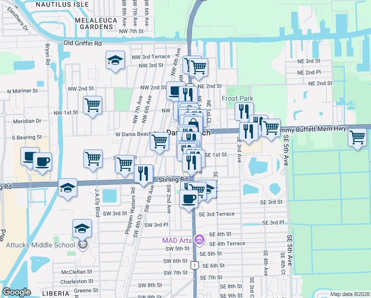 map of restaurants, bars, coffee shops, grocery stores, and more near 45 Southeast 1st Street in Dania Beach