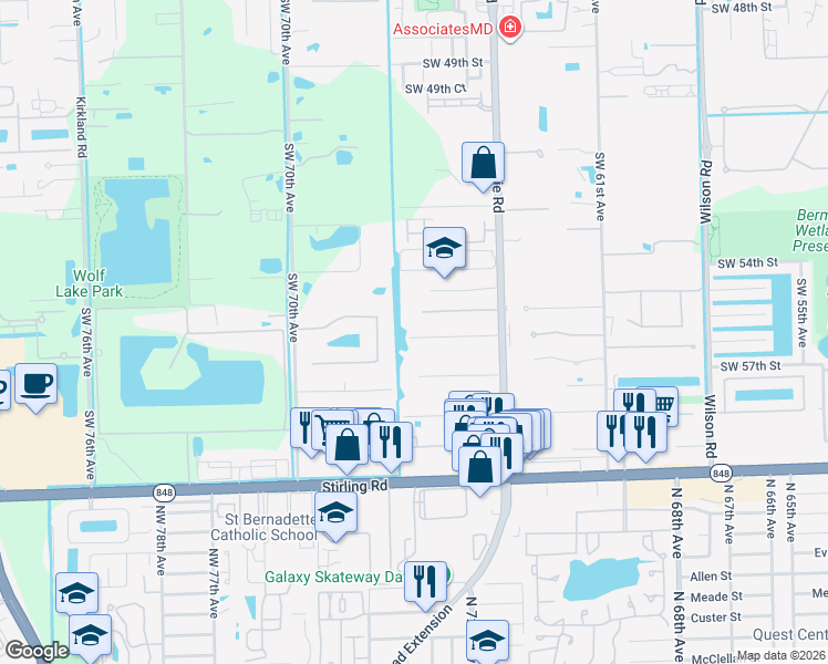 map of restaurants, bars, coffee shops, grocery stores, and more near 6600 Southwest 56th Street in Davie