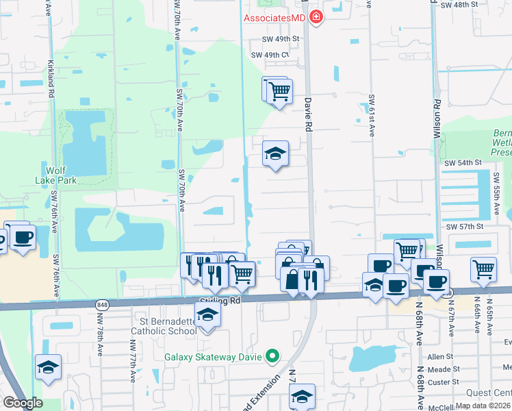 map of restaurants, bars, coffee shops, grocery stores, and more near 6600 Southwest 56th Street in Davie