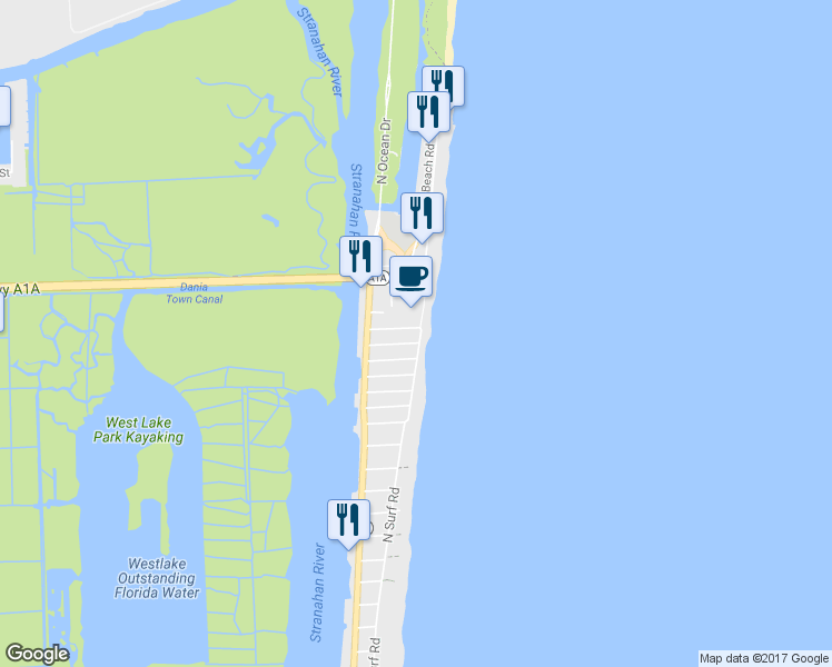 map of restaurants, bars, coffee shops, grocery stores, and more near 5785 North Surf Road in Hollywood