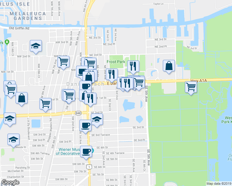map of restaurants, bars, coffee shops, grocery stores, and more near 101 Southeast 3rd Avenue in Dania Beach