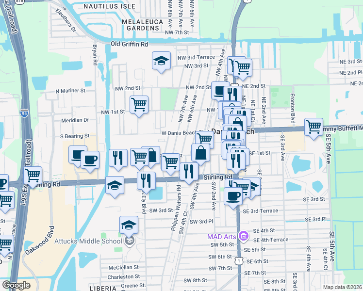 map of restaurants, bars, coffee shops, grocery stores, and more near 98 Southwest 5th Avenue in Dania Beach