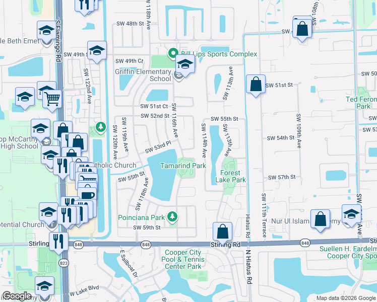 map of restaurants, bars, coffee shops, grocery stores, and more near 11517 Southwest 54th Street in Cooper City