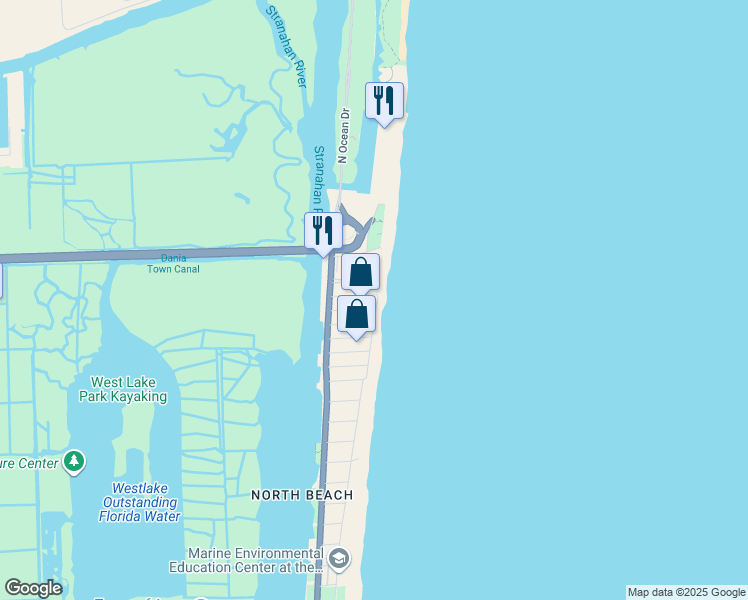 map of restaurants, bars, coffee shops, grocery stores, and more near 5785 North Surf Road in Hollywood