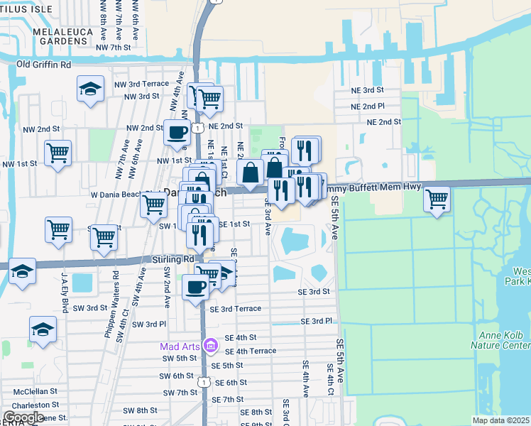 map of restaurants, bars, coffee shops, grocery stores, and more near 101 Southeast 3rd Avenue in Dania Beach