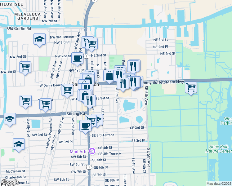 map of restaurants, bars, coffee shops, grocery stores, and more near 250 Southeast Park Street in Dania Beach