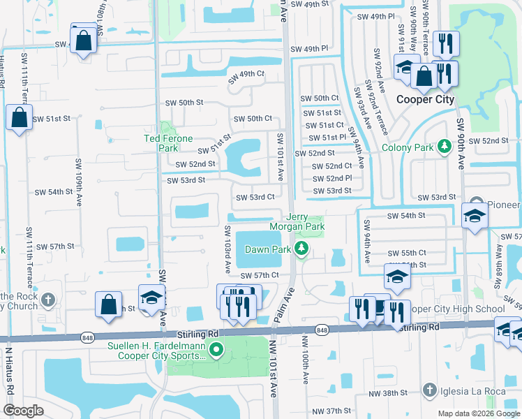 map of restaurants, bars, coffee shops, grocery stores, and more near 10086 Southwest 56th Street in Cooper City