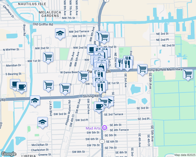 map of restaurants, bars, coffee shops, grocery stores, and more near 28 South Federal Highway in Dania Beach