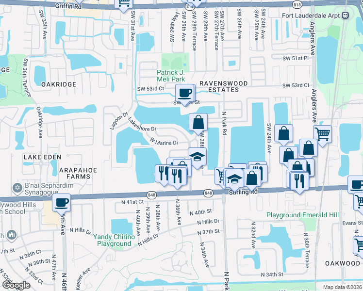map of restaurants, bars, coffee shops, grocery stores, and more near 5585 Lakeshore Drive in Fort Lauderdale