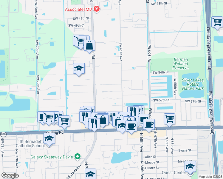 map of restaurants, bars, coffee shops, grocery stores, and more near 6109 Southwest 55th Place in Davie