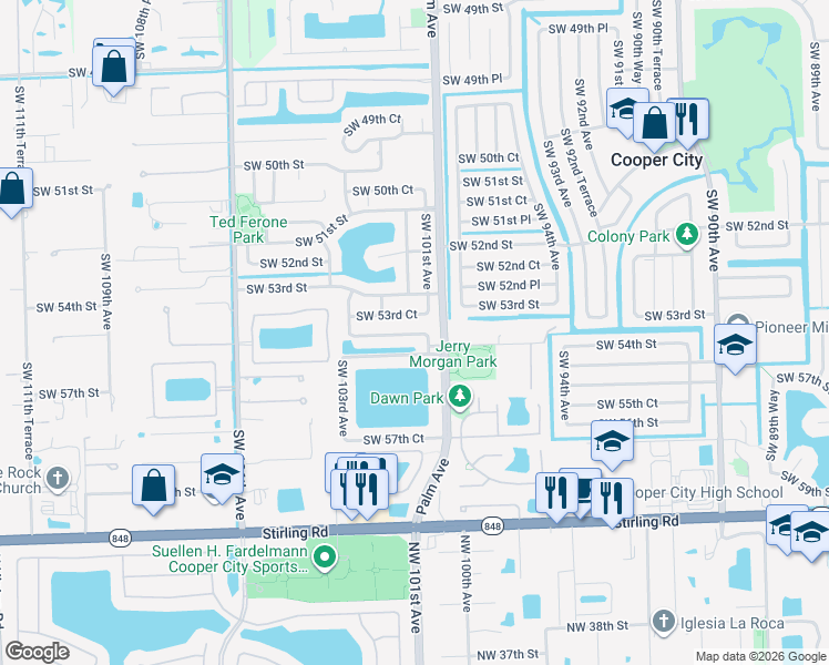 map of restaurants, bars, coffee shops, grocery stores, and more near 10157 Southwest 53rd Court in Cooper City