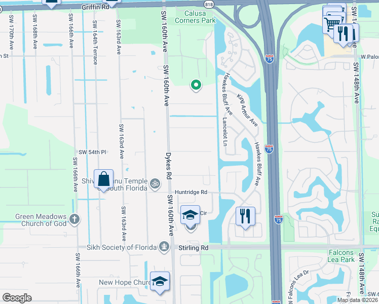 map of restaurants, bars, coffee shops, grocery stores, and more near 15821 Southwest 54th Place in Davie