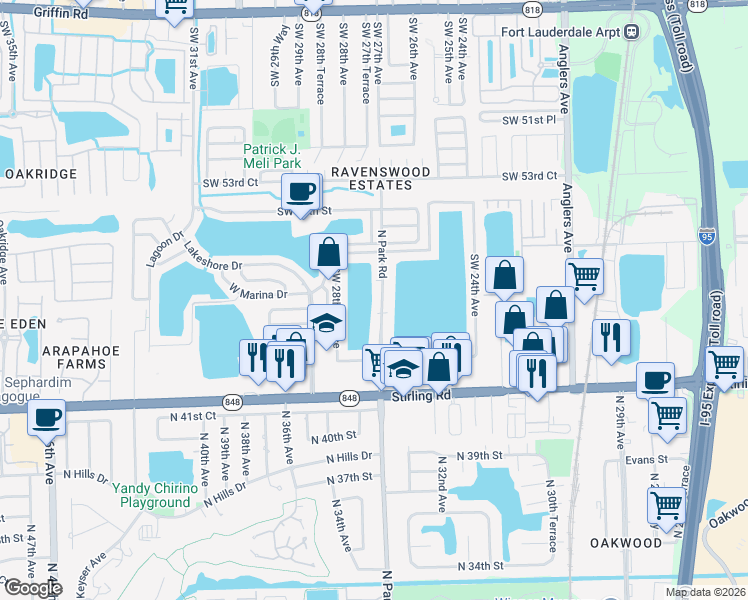 map of restaurants, bars, coffee shops, grocery stores, and more near 5605 North Park Road in Fort Lauderdale