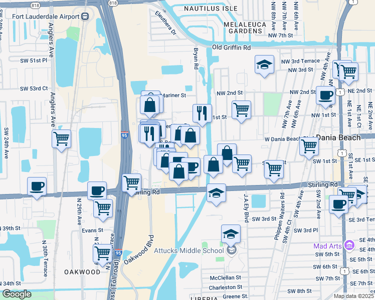 map of restaurants, bars, coffee shops, grocery stores, and more near 1730 South Bearing Street in Dania Beach