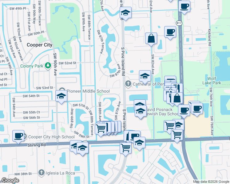 map of restaurants, bars, coffee shops, grocery stores, and more near 8725 Southwest 56th Place in Cooper City