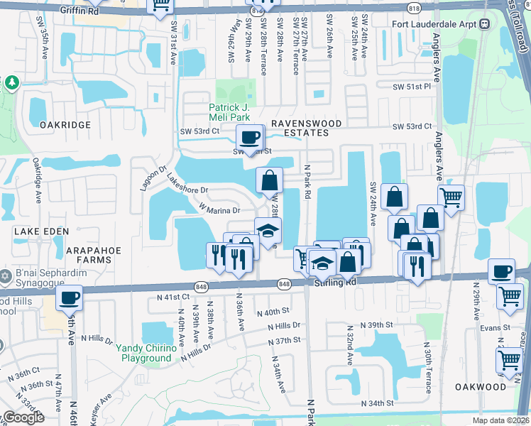 map of restaurants, bars, coffee shops, grocery stores, and more near 5585 Lakeshore Drive in Fort Lauderdale