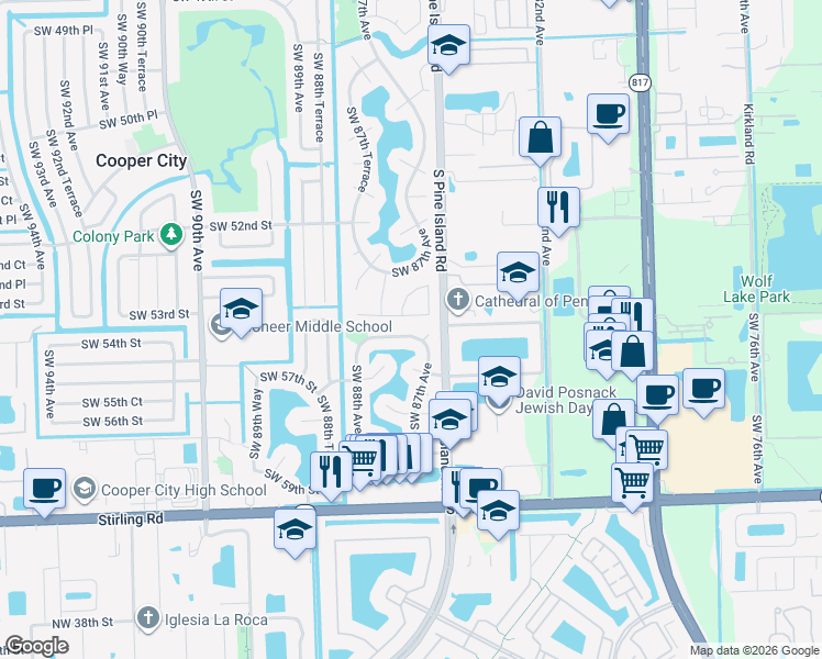 map of restaurants, bars, coffee shops, grocery stores, and more near 8725 Southwest 56th Place in Cooper City