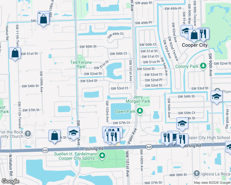 map of restaurants, bars, coffee shops, grocery stores, and more near 10227 Southwest 53rd Court in Cooper City