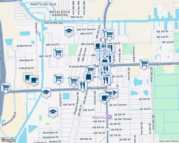 map of restaurants, bars, coffee shops, grocery stores, and more near 425 West Dania Beach Boulevard in Dania Beach