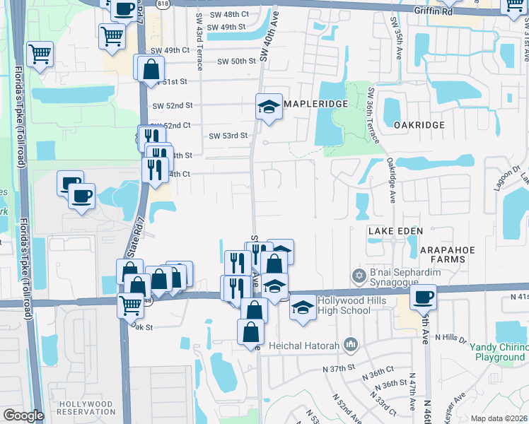 map of restaurants, bars, coffee shops, grocery stores, and more near 3951 Southwest 56th Court in Fort Lauderdale