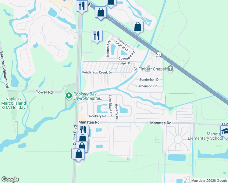 map of restaurants, bars, coffee shops, grocery stores, and more near 1252 Henderson Creek Drive in Naples