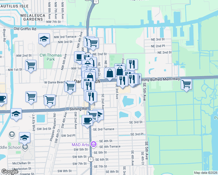 map of restaurants, bars, coffee shops, grocery stores, and more near 230 East Dania Beach Boulevard in Dania Beach