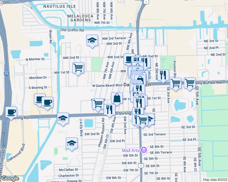 map of restaurants, bars, coffee shops, grocery stores, and more near 425 West Dania Beach Boulevard in Dania Beach