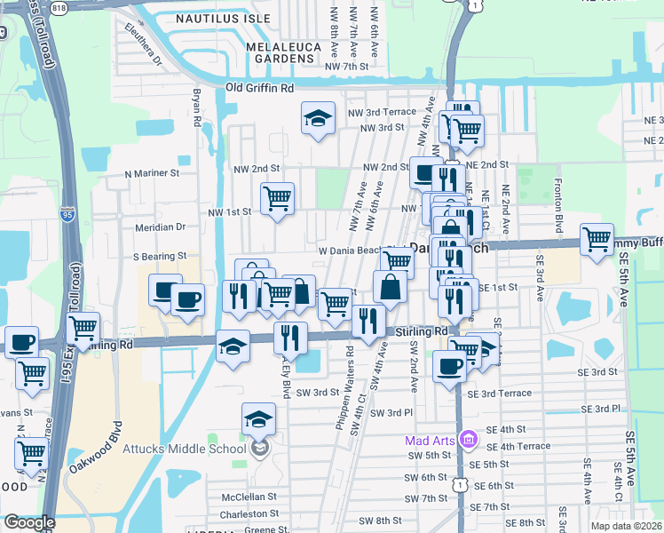 map of restaurants, bars, coffee shops, grocery stores, and more near 1 Southwest 8th Avenue in Dania Beach
