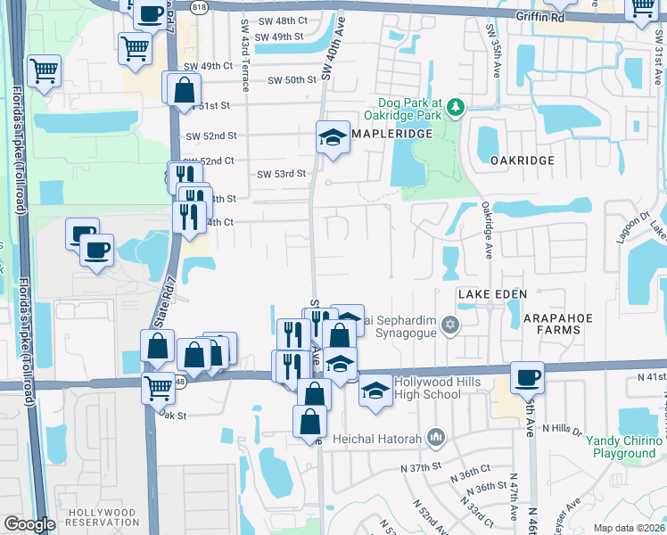 map of restaurants, bars, coffee shops, grocery stores, and more near 3921 Southwest 56th Street in Fort Lauderdale