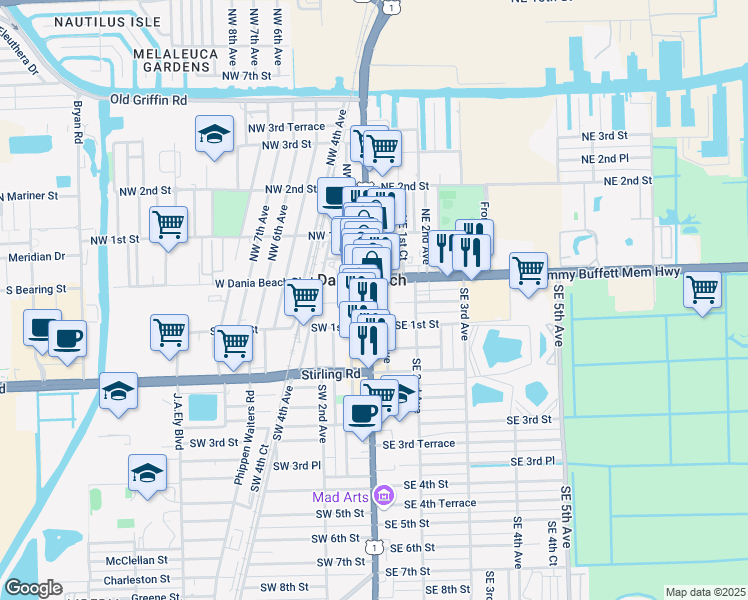 map of restaurants, bars, coffee shops, grocery stores, and more near 1 South Federal Highway in Dania Beach