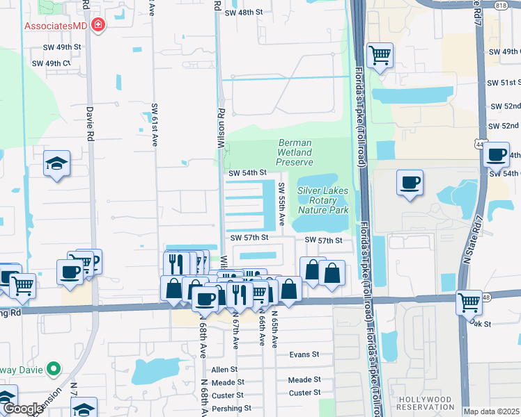 map of restaurants, bars, coffee shops, grocery stores, and more near 5611 Southwest 55th Street in Davie