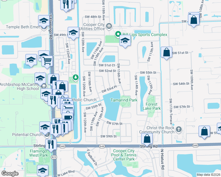 map of restaurants, bars, coffee shops, grocery stores, and more near 5330 Southwest 117th Terrace in Cooper City