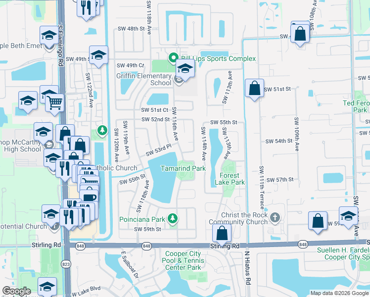 map of restaurants, bars, coffee shops, grocery stores, and more near 11514 Southwest 53rd Place in Cooper City