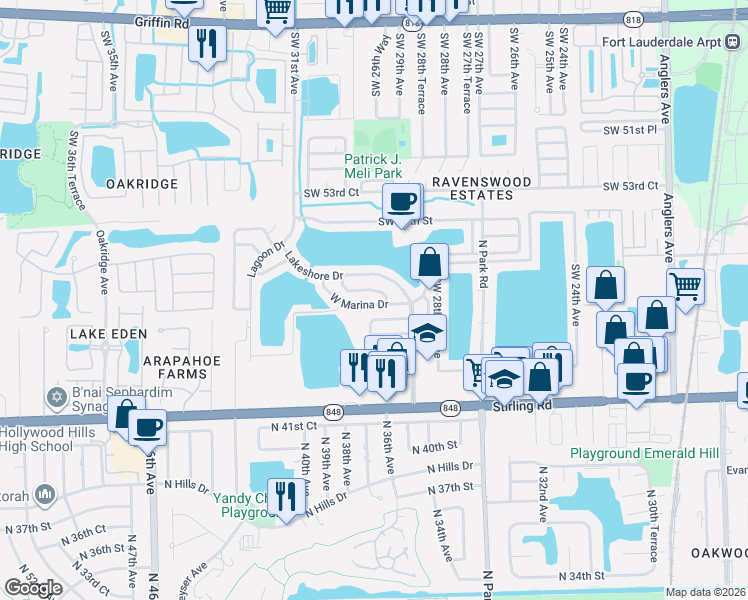 map of restaurants, bars, coffee shops, grocery stores, and more near 2922 Harbor Lane in Fort Lauderdale