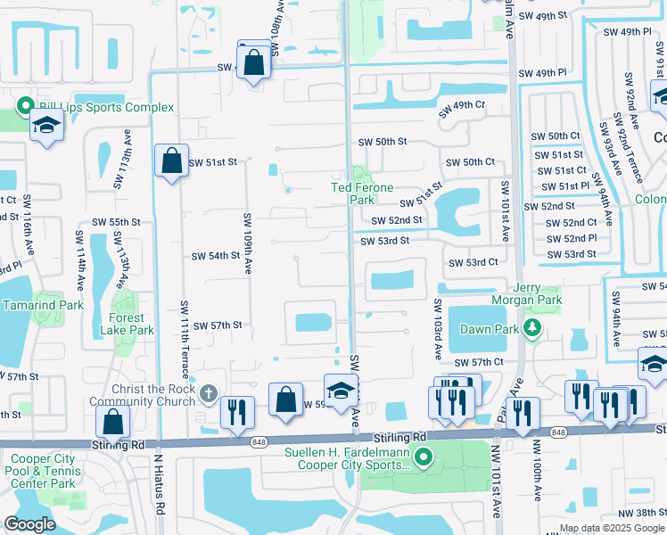 map of restaurants, bars, coffee shops, grocery stores, and more near 5451 Southwest 106th Avenue in Cooper City
