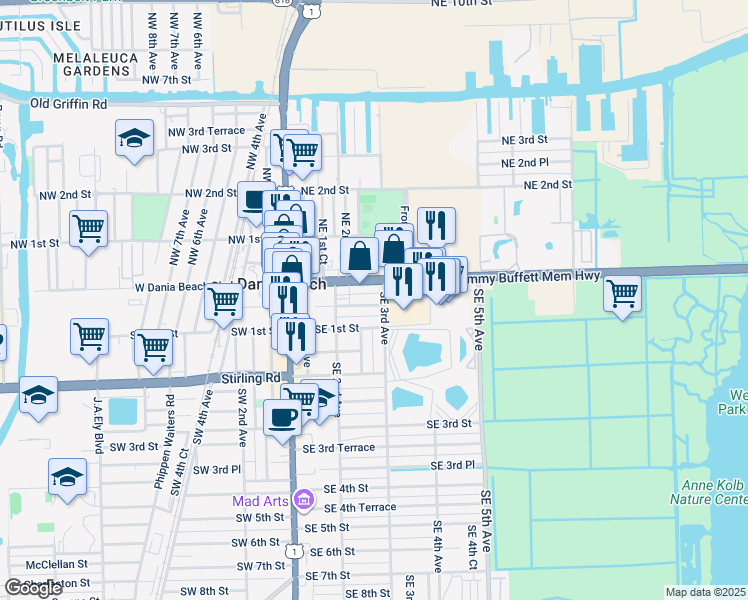 map of restaurants, bars, coffee shops, grocery stores, and more near 230 East Dania Beach Boulevard in Dania Beach