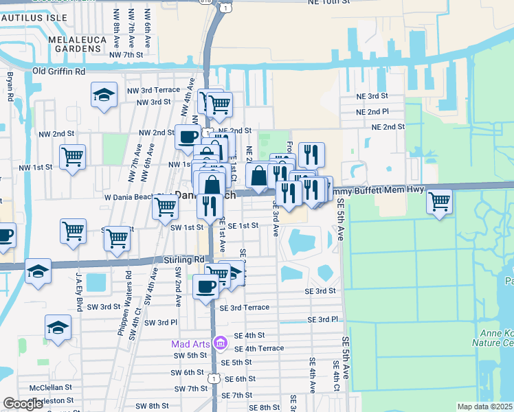 map of restaurants, bars, coffee shops, grocery stores, and more near 230 East Dania Beach Boulevard in Dania Beach