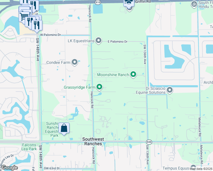 map of restaurants, bars, coffee shops, grocery stores, and more near 5330 Hancock Road in Southwest Ranches