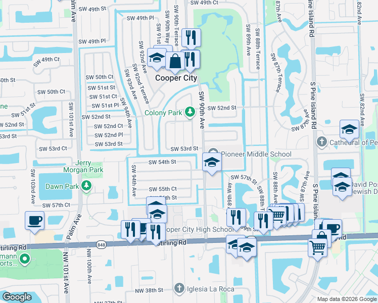 map of restaurants, bars, coffee shops, grocery stores, and more near 9030 Southwest 53rd Street in Cooper City