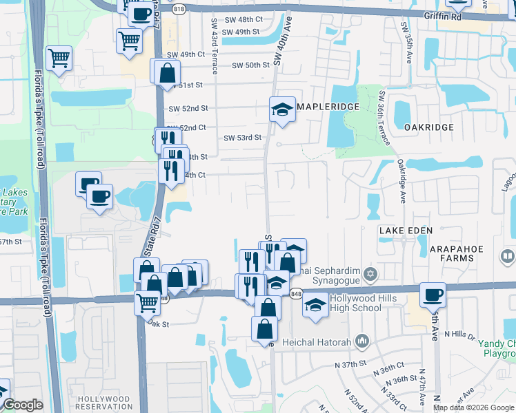 map of restaurants, bars, coffee shops, grocery stores, and more near 5551 Southwest 40th Avenue in Fort Lauderdale